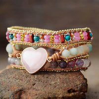 Bracelet cuir enroulé en perles de Quartz Rose et d'Amazonite - Zen Corner