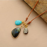 Collier en cuir naturel, pierre Labradorite Amazonite et Pyrite - Zen Corner