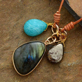 Collier en cuir naturel, pierre Labradorite Amazonite et Pyrite - Zen Corner